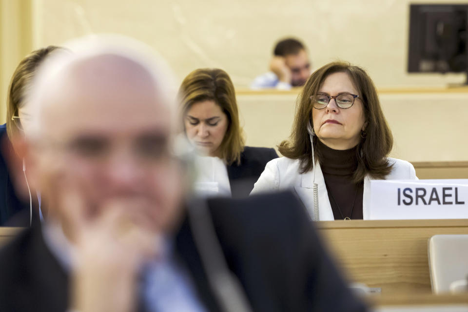 Meirav Eilon Shahr, Ambassador of the Permanent Representative Mission of the Israel to the UN, observes the vote on a resolution regarding the Israeli military campaign in Gaza, during the 55th session of the Human Rights Council, at the European headquarters of the United Nations in Geneva, Switzerland, Friday, April 5, 2024. The U.N.’s top human rights body called on countries to stop selling or shipping weapons to Israel in a resolution passed Friday that aims to help prevent rights violations against Palestinians amid Israel’s blistering military campaign in Gaza. The 47-member-country Human Rights Council voted 28-6 in favor of the resolution, with 13 abstentions. (Salvatore Di Nolfi/Keystone via AP)