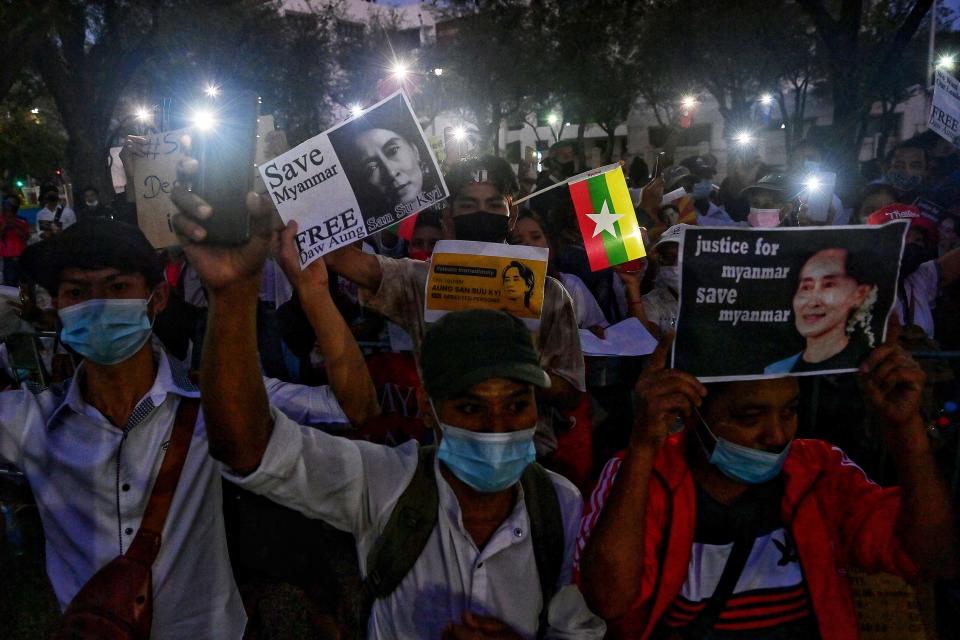 Myanmar migrants in Thailand protest against the military coup in their home country. Source: Getty