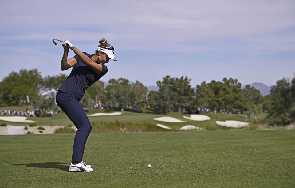 Lexi Thompson of the United States plays her shot on the eighth hole during the second round of the Shriners Children’s Open at TPC Summerlin on October 13, 2023 in Las Vegas, Nevada. (Photo by Orlando Ramirez/Getty Images)