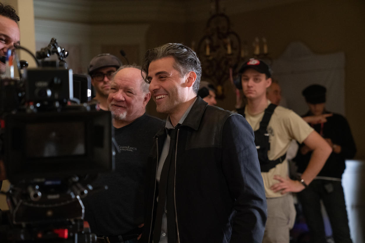 Paul Schrader and Isaac on the set of The Card Counter (Photo: Heidi Hartwig / Focus Features)
