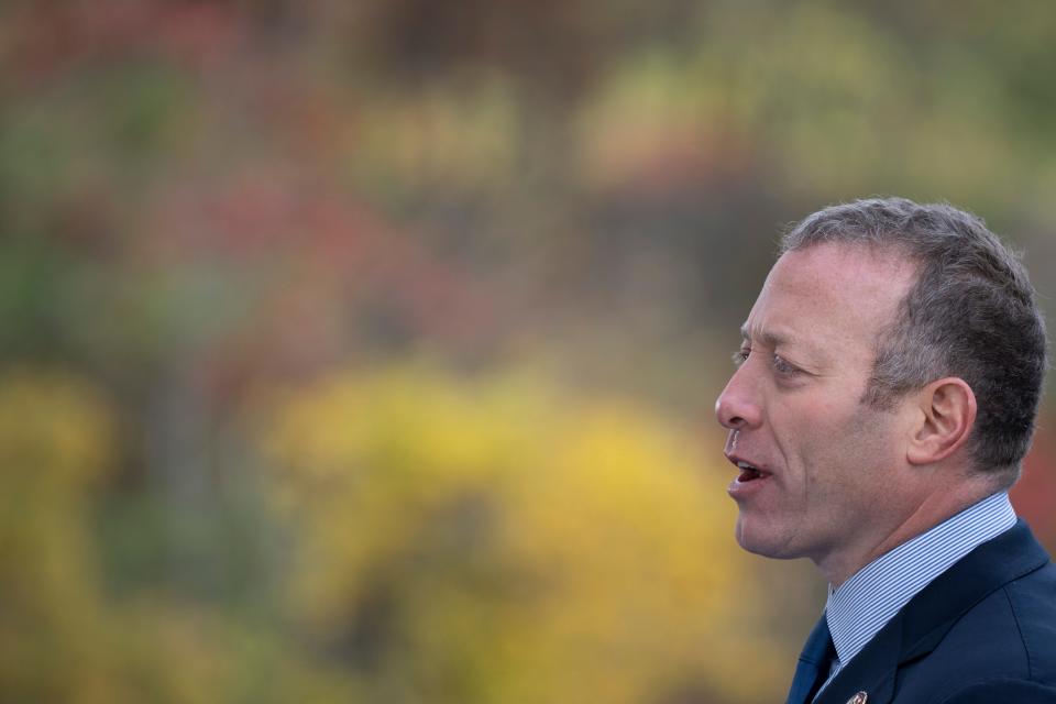 Nov 1, 2023; Fort Lee, NJ, USA; U.S. Rep. Josh Gottheimer speaks during a press conference about a lawsuit filed this week in an attempt to undo New York's congestion pricing plan.