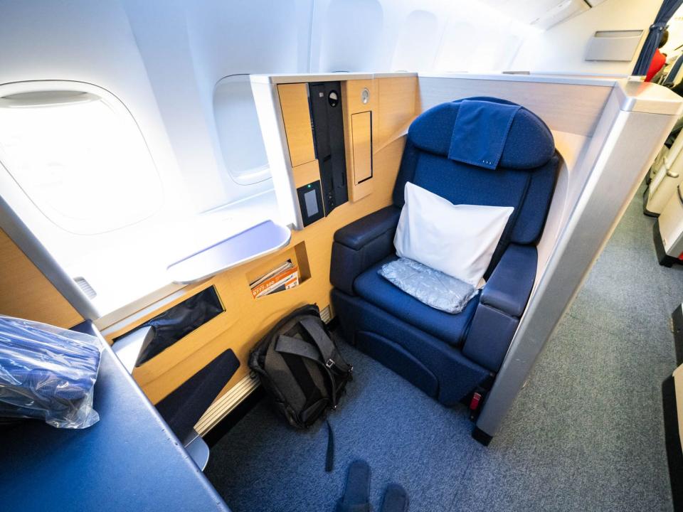 A first-class seat on a Boeing 777-300ER.