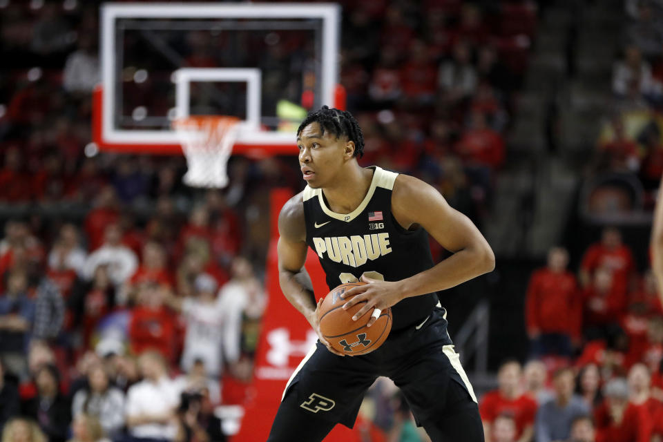 Purdue guard Nojel Eastern looks for an open teammate against Purdue during the first half of an NCAA college basketball game, Saturday, Jan. 18, 2020, in College Park, Md. (AP Photo/Julio Cortez)