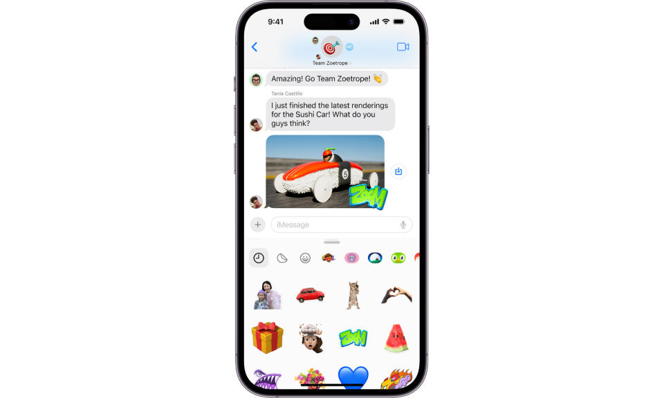 Screenshot inside an iPhone frame demonstrating adding stickers in the iPhone's Messages app. The bottom of the screen shows the stickers drawer, while the chat thread (including a Zoom sticker already placed) sits at the top of the screen.