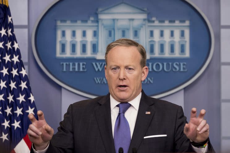 White House press secretary Sean Spicer talks to the media about surveillance during the 2016 presidential campaign and other topics on March 13, 2017. (Photo: Andrew Harnik/AP)