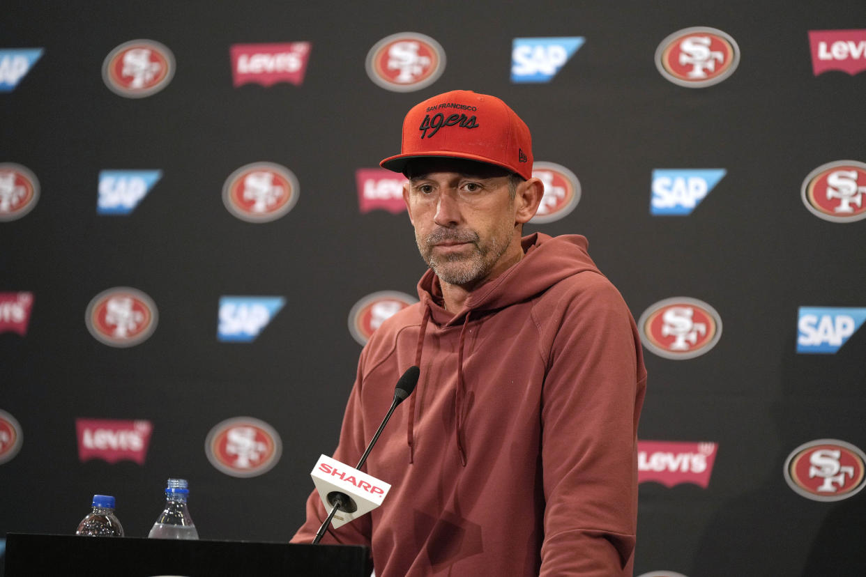 San Francisco 49ers head coach Kyle Shanahan speaks to reporters before a practice at the team's NFL football training facility in Santa Clara, Calif., Thursday, Feb. 1, 2024. The 49ers face the Kansas City Chiefs in Super Bowl 58. (AP Photo/Tony Avelar)