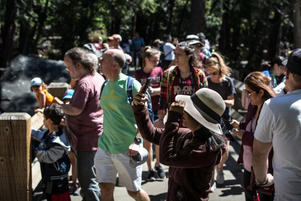 A crowd of tourists, including a woman wearing a hat taking a photo, enjoying a sunny day outdoors in a nature park setting