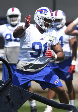 Jul 27, 2018; Pittsford, NY, USA; Buffalo Bills defensive lineman John Hughes in pass rush drills during training camp at St. John Fisher College. Mandatory Credit: Mark Konezny-USA TODAY Sports