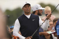 Tiger Woods of the US waits on the 4th tee during the first round of the British Open golf championship on the Old Course at St. Andrews, Scotland, Thursday, July 14 2022. The Open Championship returns to the home of golf on July 14-17, 2022, to celebrate the 150th edition of the sport's oldest championship, which dates to 1860 and was first played at St. Andrews in 1873. (AP Photo/Gerald Herbert)