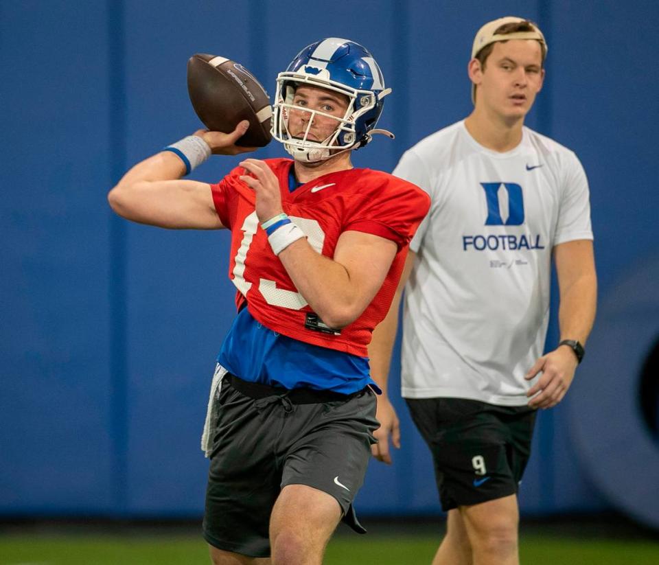 Duke quarterback Riley Leonard (13) looks for a receiver during the Blue Devils’ spring practice on Friday, March 24, 2023 in Durham, N.C.