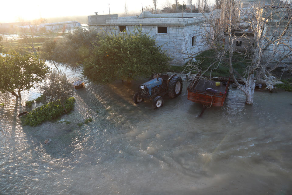 Village of Al-Tloul is flooded as a result of a Syrian dam being opened fearing aftershocks damaging the dam ? according to the Syrian Observatory of Human Rights, in Idlib region, Syria February 9, 2023 in this picture obtained from social media. Mohamed Al-Daher/via REUTERS.  THIS IMAGE HAS BEEN SUPPLIED BY A THIRD PARTY. MANDATORY CREDIT