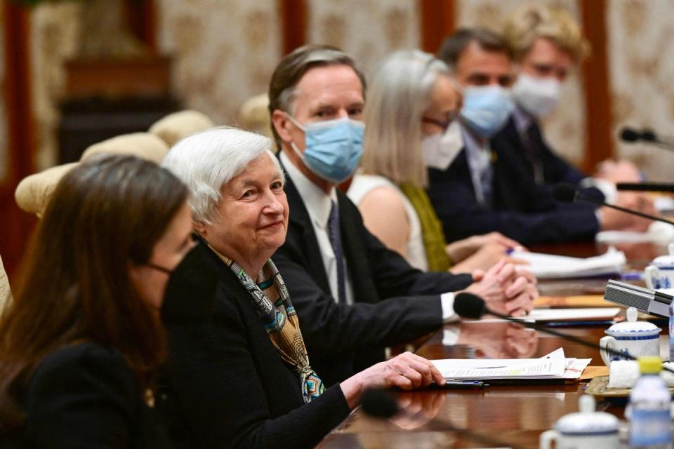 Janet Yellen a meeting with Chinese Vice Premier He Lifeng at the Diaoyutai State Guesthouse in Beijing on July 8, 2023 (POOL/AFP via Getty Images)