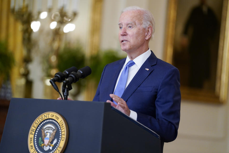 President Joe Biden delivers remarks on the economy in the East Room of the White House, Thursday, Sept. 16, 2021, in Washington. (AP Photo/Evan Vucci)