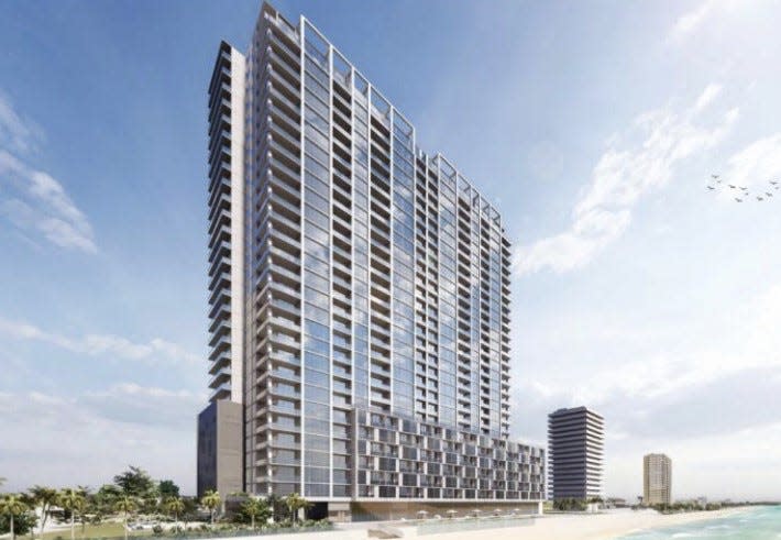 This is screenshot of a rendering of a 29-story 267-unit condo tower that developer Gelcorp Industries is planning to build on a currently vacant oceanfront lot at 2100 N. Atlantic Ave. in Daytona Beach. The lot is the site of the old Beachcomber Inn that was torn down after being badly damaged during the hurricanes in 2004.