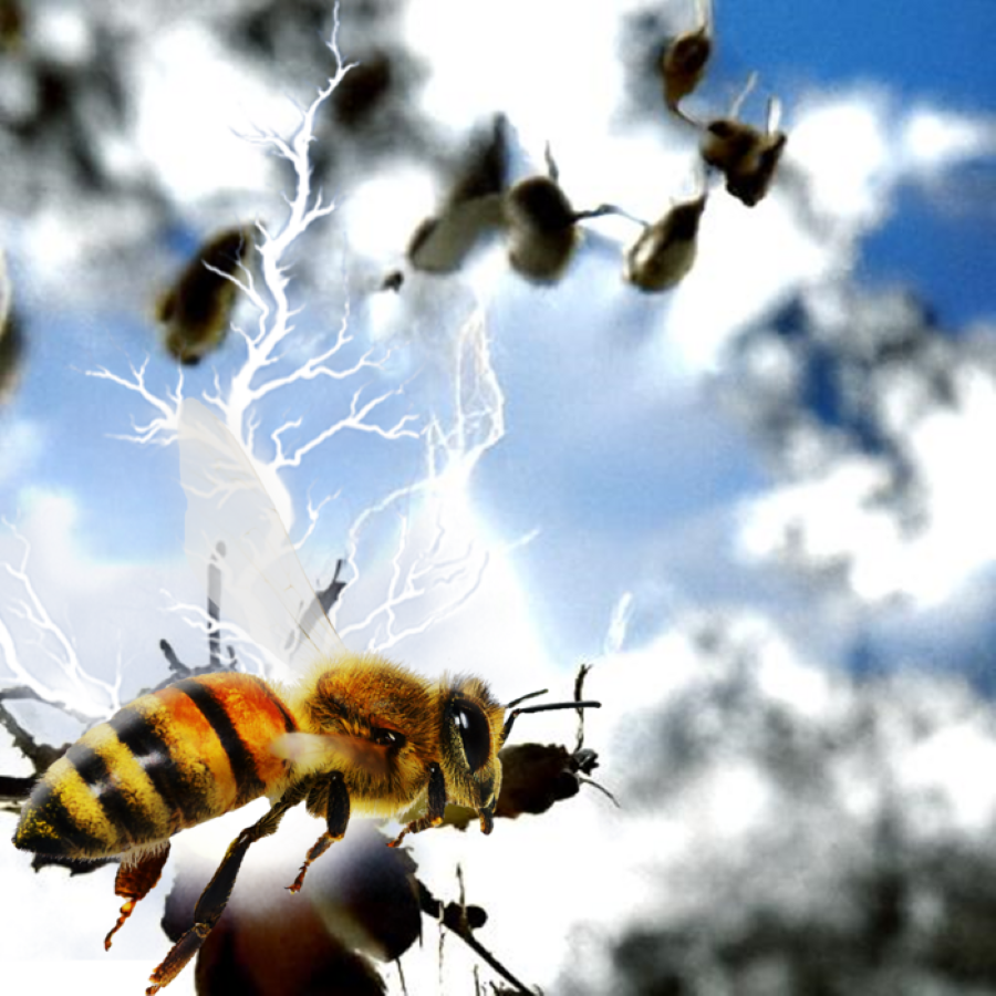 AI graphic of bees with electricity sparking flying in the blue sky