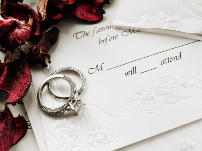 wedding RSVP with weddings bands set on top