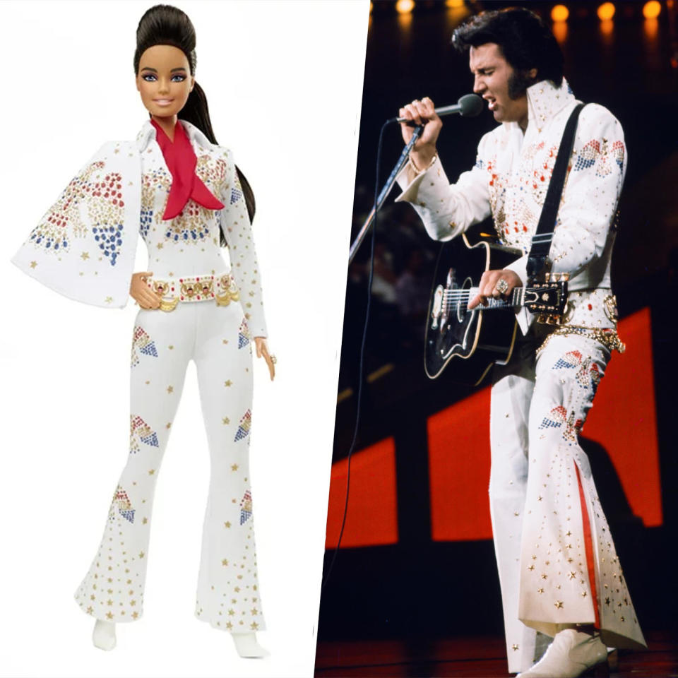 Barbie Signature Elvis Presley Barbie Doll With Pompadour Hairstyle, Wearing “American Eagle” Jumpsuit (Mattel, Getty Images)