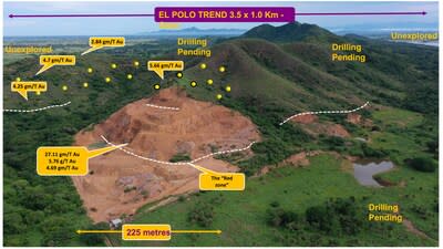 Figure 4: The El Polo mine, showing the approximate location of the red zone (white dashed line), and potential drill hole locations for a phase 1 drill program (yellow dots) (CNW Group/Angel Wing Metals Inc.)