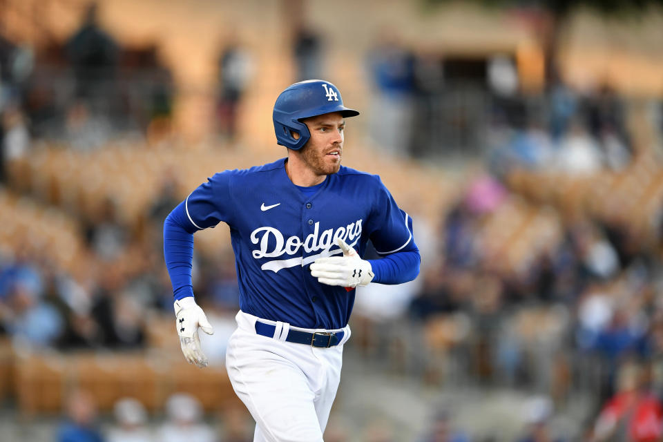 GLENDALE, AZ - MARCH 29, 2022: Freddie Freeman #5 of the Los Angeles Dodgers runs to first base during the first inning of an MLB spring training game against the Oakland Athletics at Camelback Ranch on March 29, 2022 in Glendale, Arizona. (Photo by Chris Bernacchi/Diamond Images via Getty Images)