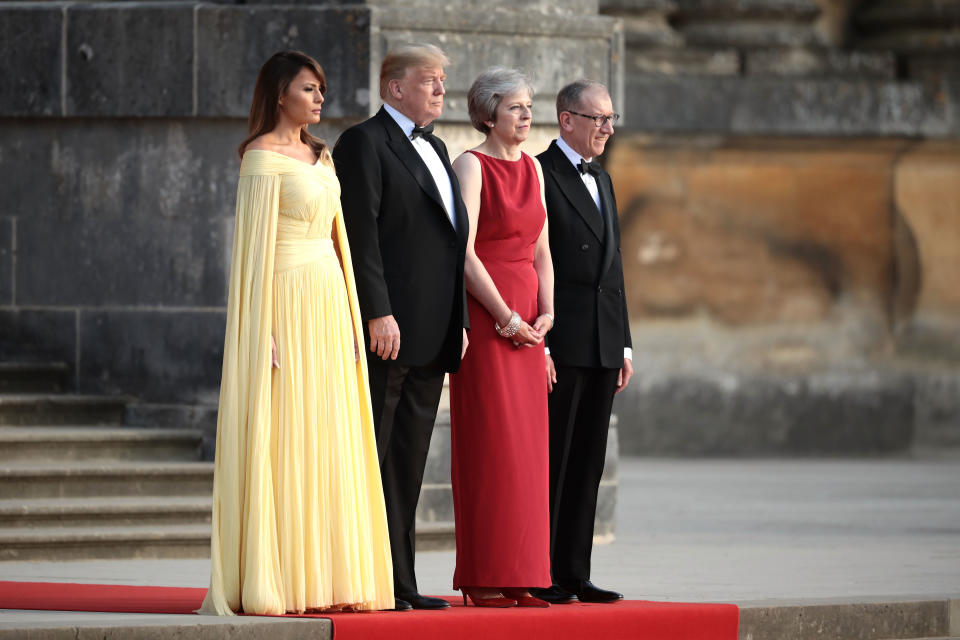 Melania Trump’s yellow gown, which she wore to a state dinner in England, evoked images of a Disney princess. (Photo: Getty Images)
