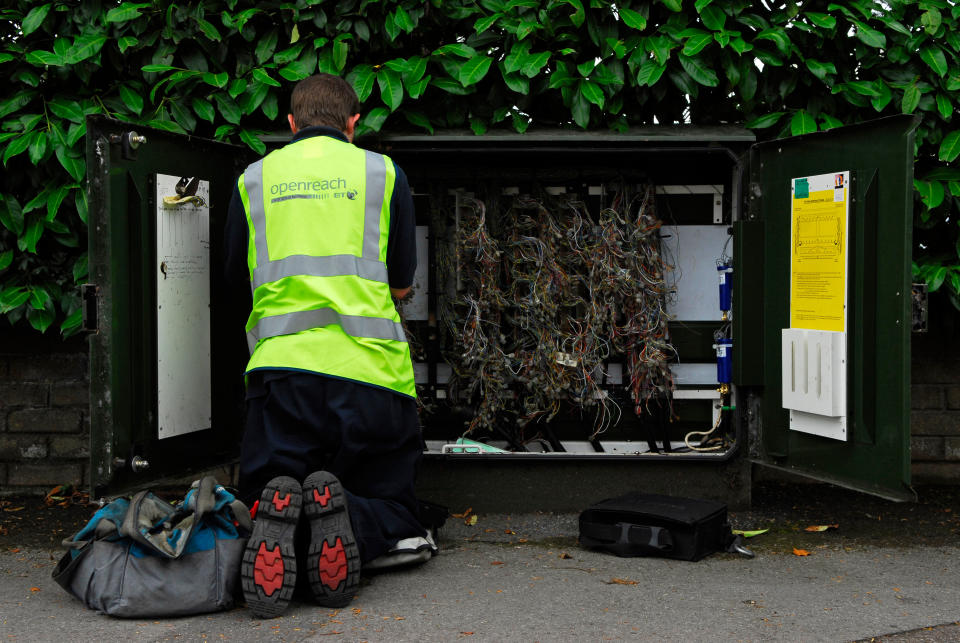 A BT Openreach engineer checking telephone lines