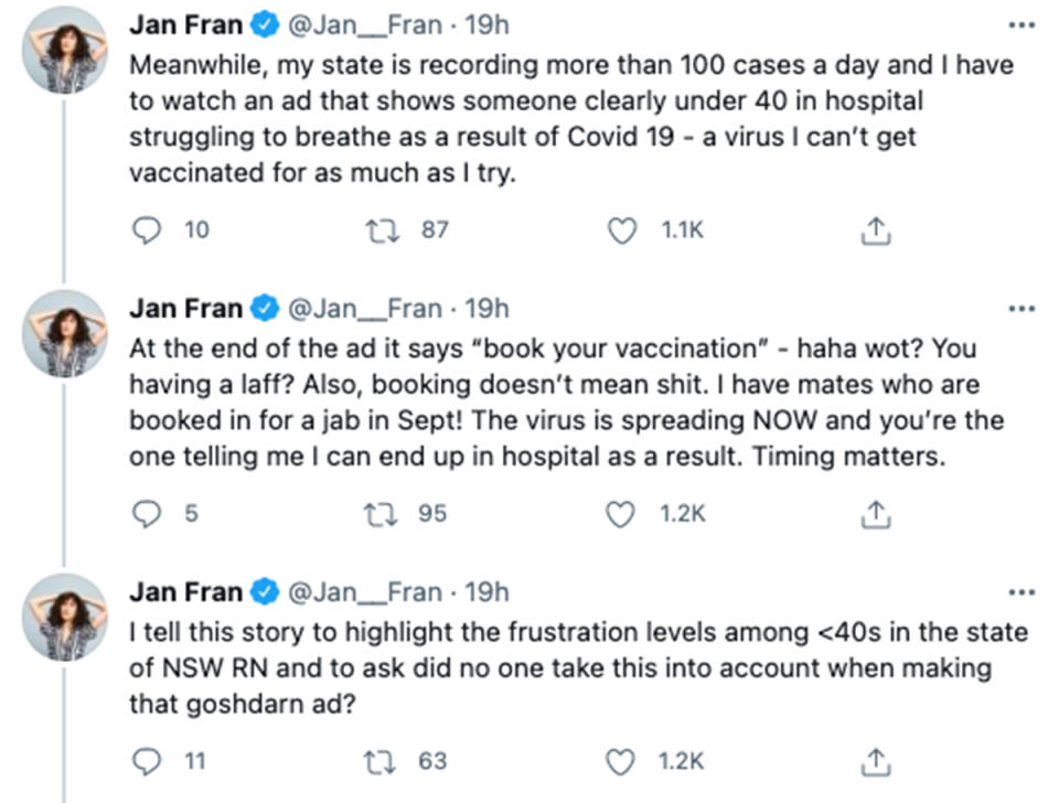 The Project host Jan Fran's tweets about the Covid vaccine. Photo: Channel 10.