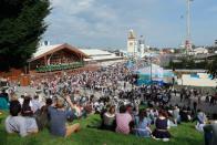 A view of the Oktoberfest beer festival from Bavaria hill in Munich, Germany.