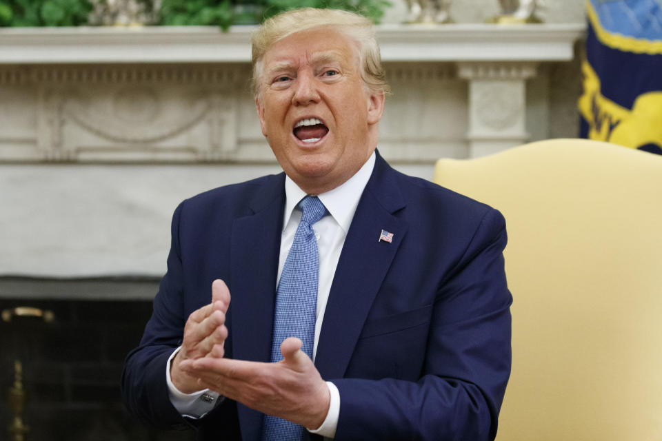 President Donald Trump speaks during a meeting with Pakistani Prime Minister Imran Khan in the Oval Office of the White House, Monday, July 22, 2019, in Washington. (AP Photo/Alex Brandon)