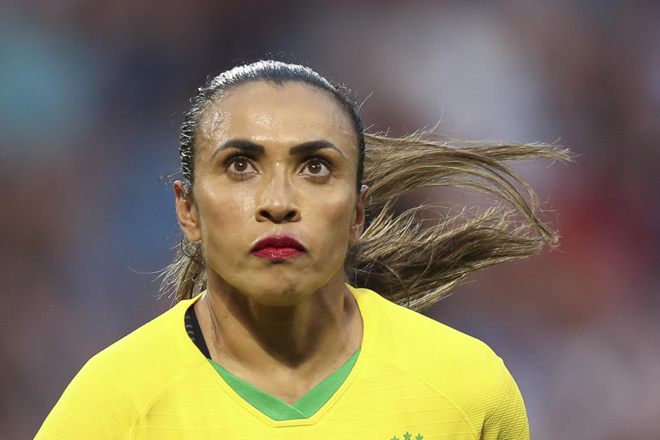 ARCHIVO - La delantera brasileña Marta durante el partido contra Francia por los octavos de final del Mundial femenino, el 23 de junio de 2019, en Le Havre. (AP Foto/Francisco Seco)