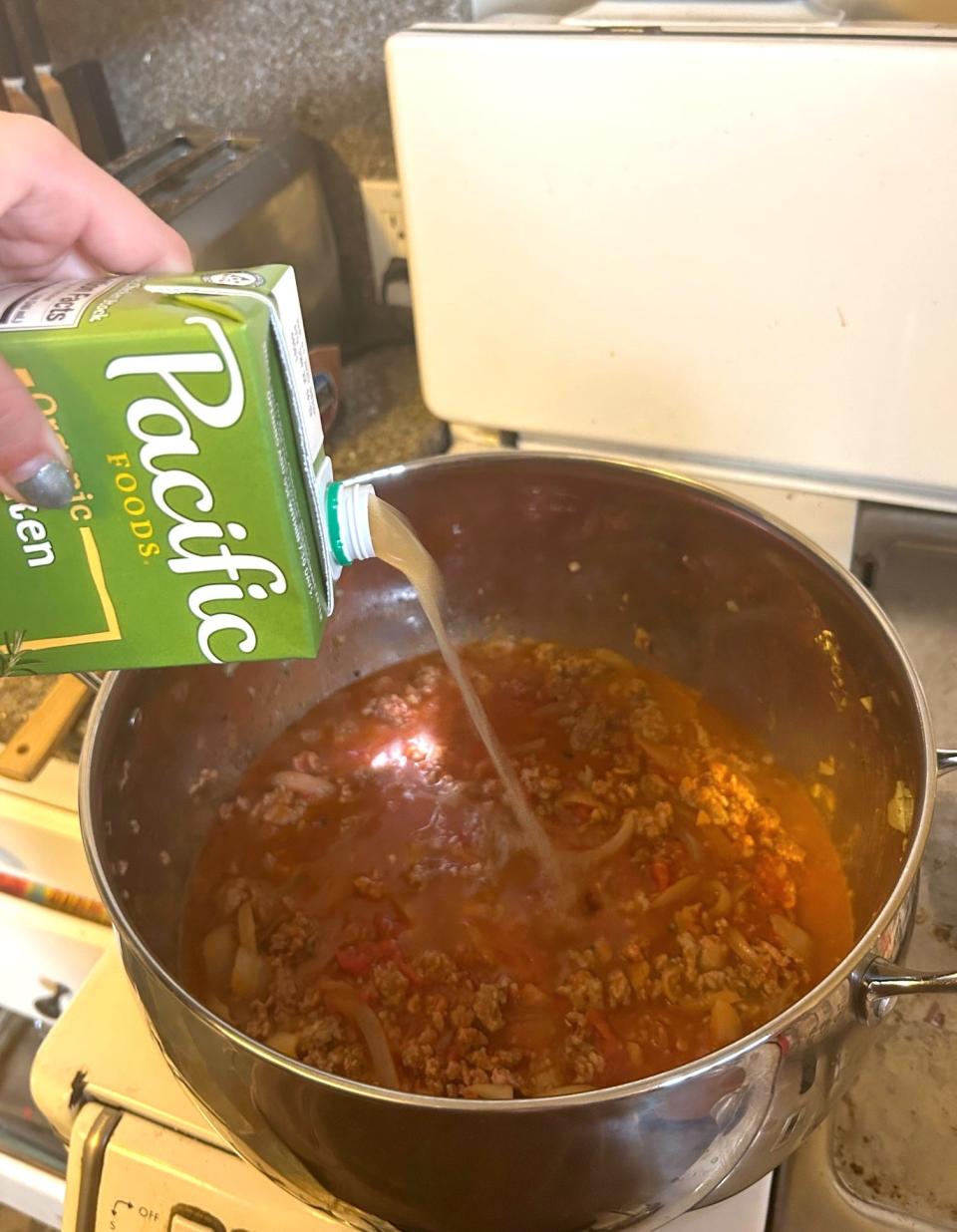 Adding stock to Pioneer Woman's Lasagna Soup