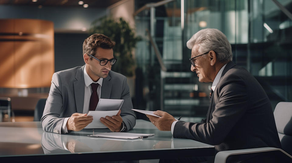 An executive in a smart suit discussing a new financial product with an older customer.