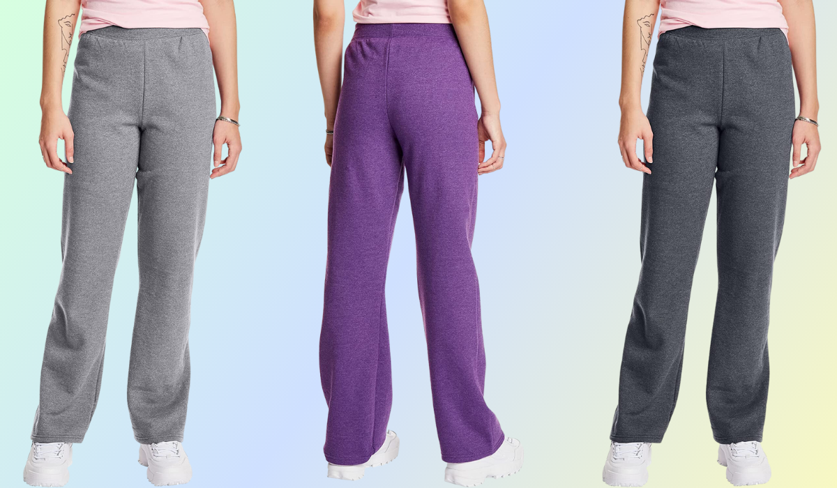 three models wearing the Hanes sweatpants in different colors