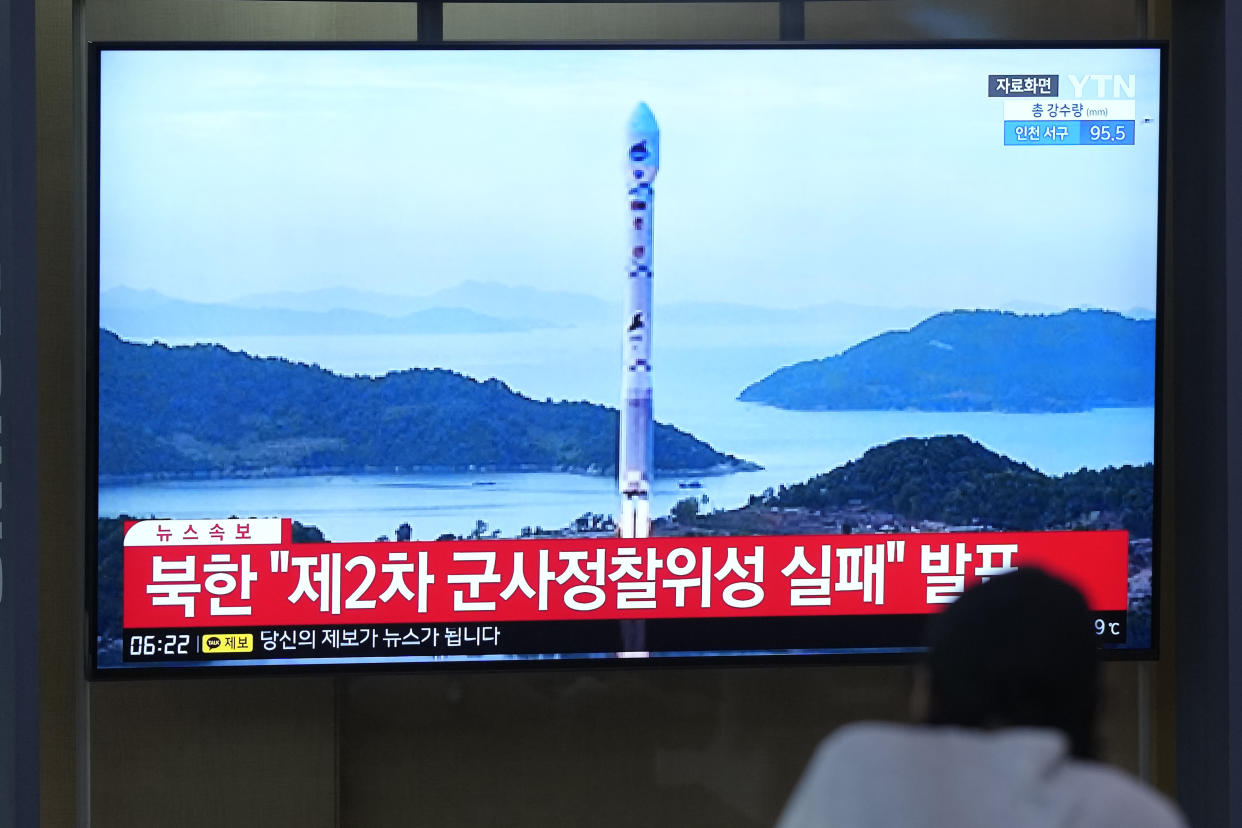 A TV screen shows a report of North Korea's rocket launch with file image during a news program at the Seoul Railway Station in Seoul, South Korea, Thursday, Aug. 24, 2023. (Lee Jin-man/AP)
