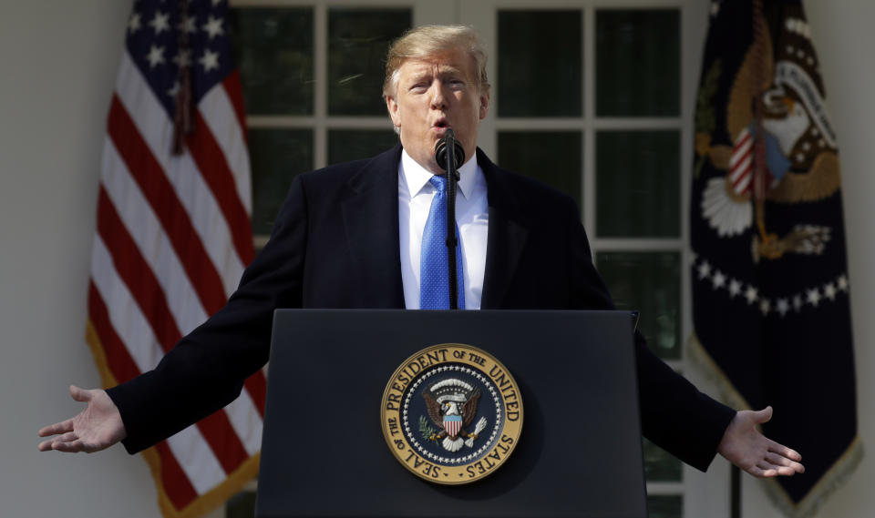 President Donald Trump speaks during an event in the Rose Garden at the White House to declare a national emergency in order to build a wall along the southern border, Friday, Feb. 15, 2019, in Washington. (Photo: Evan Vucci/AP)