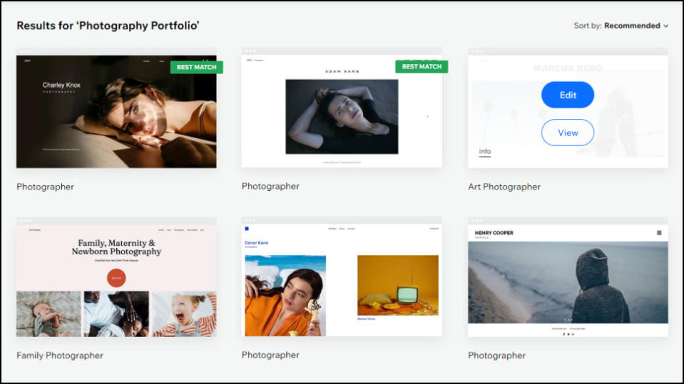 screenshot of Wix template page