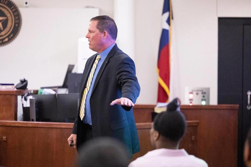 Prosecutor Lloyd Whelchel points to Timothy Huff during opening statements in Huff’s murder trial for the fatal shooting of Garrett Hull, a 17-year Fort Worth police veteran, on Monday, June 6, 2022, in Tarrant County’s 396th District Court.