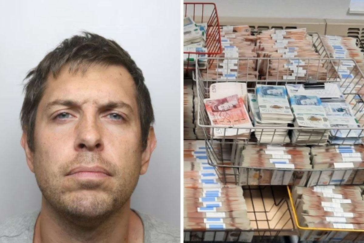 James Heppel and some of the cash he amassed as part of a £5.7 million cryptocurrency scam <i>(Image: South West Regional Organised Crime Unit)</i>