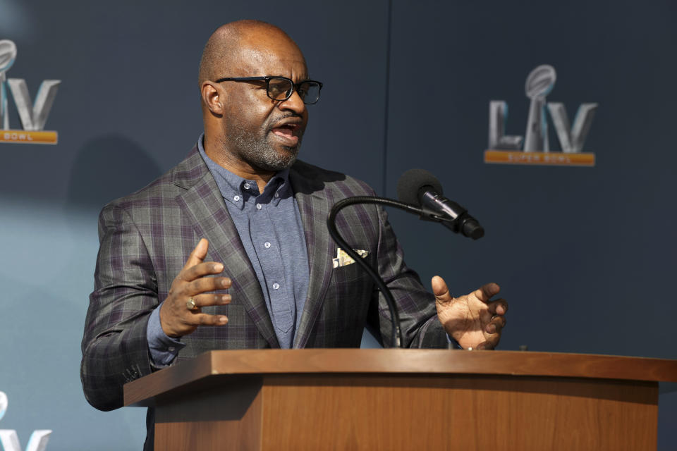 Executive director of the NFL Players Association DeMaurice Smith speaks during a press conference ahead of Super Bowl LV, Thursday, Feb. 4, 2021 in Tampa, Fla. (Perry Knotts via AP)