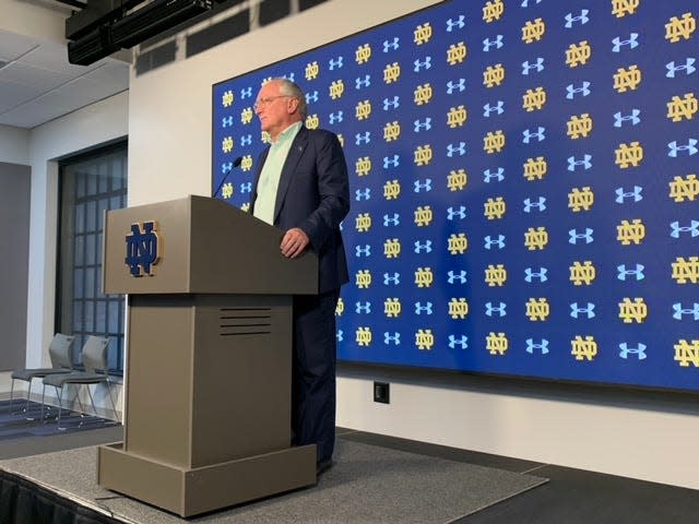 Notre Dame Athletic Director Jack Swarbrick talks to the press Tuesday regarding Brian Kelly's departure as head football coach.