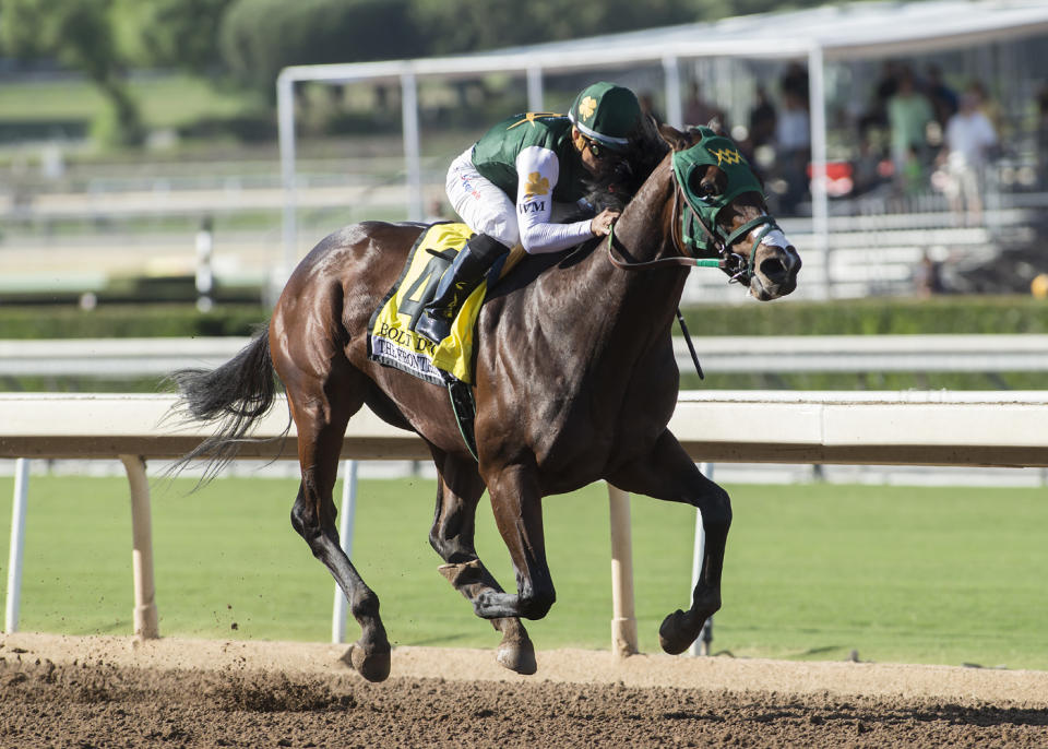 Bolt d’Oro, named in part after Jamaican sprinter Usain Bolt, is currently favored to win the Kentucky Derby next month. (Benoit Photo via AP)