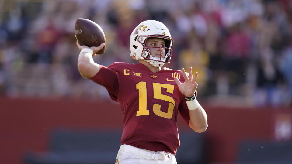 Iowa State QB Brock Purdy is an option for the Washington Football Team in the middle rounds of the draft. (AP Photo/Charlie Neibergall)