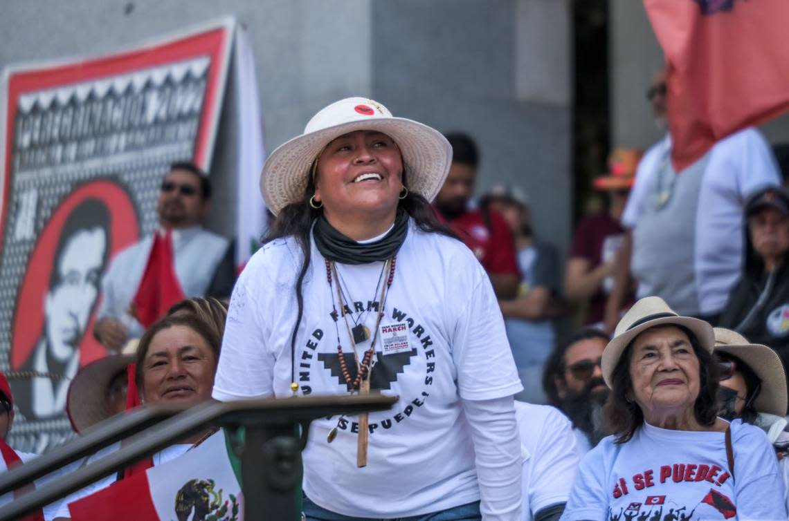 Xochilt Nuñez is acknowledged in August 2022 on the west steps of the state Capitol as one of the people who walked 350 miles from Delano to Sacramento with UFW in support of a unionization bill.