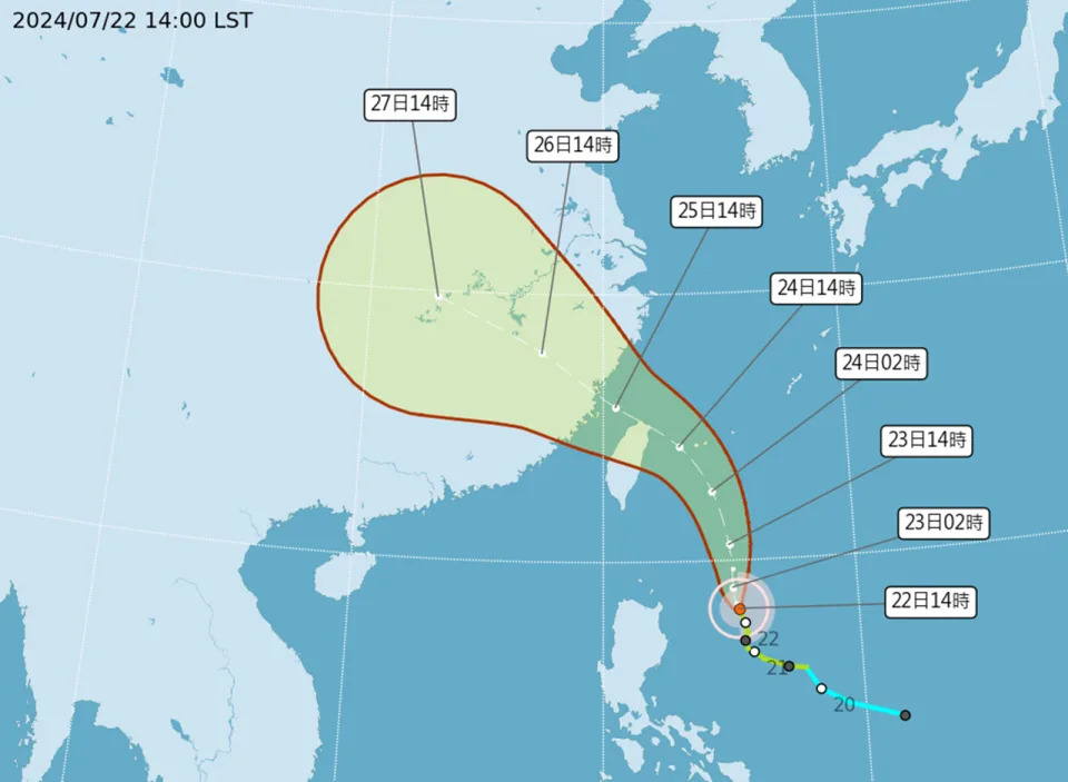 颱風凱米預估路徑圖。（圖取自中央氣象署網站）