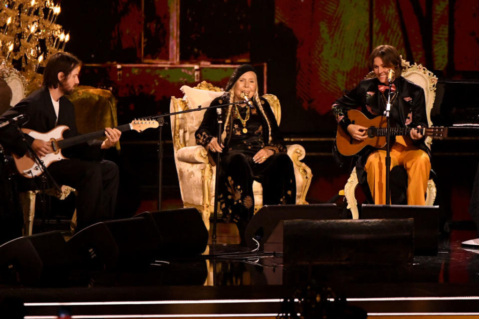 Joni Mitchell, center, with Brandi Carlile, performing at the 2024 Grammys<span class="copyright">JC Olivera—WireImage/Getty Images</span>