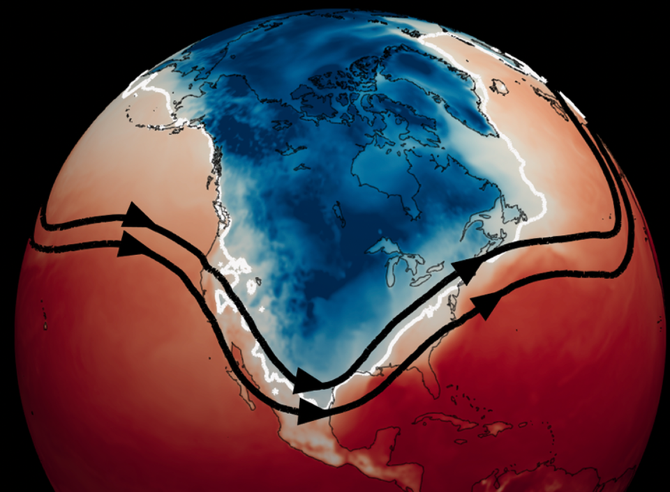 Images of the globe centered on North America shows a large cold blob over much of the continent.