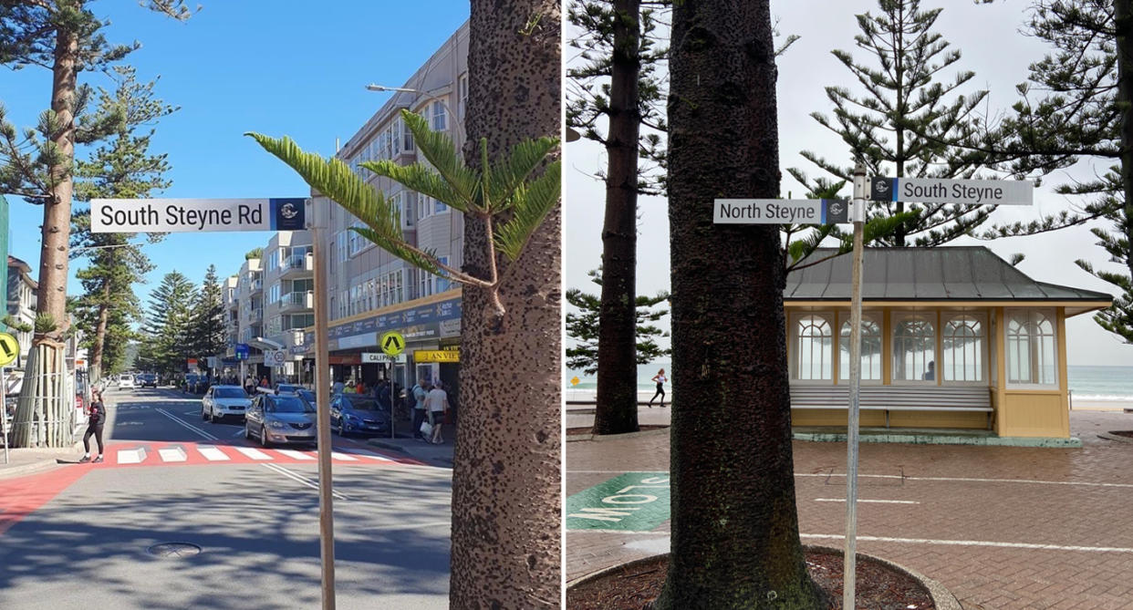 The old street sign reading South Steyne Rd (left) and what it was corrected to (right).