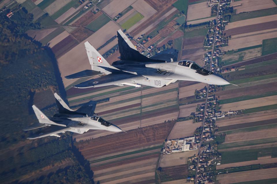 Two MiG 29 fighter jets taking part in the Nato Air Shielding exercise near the air base in Lask, central Poland last year (AFP/Getty)