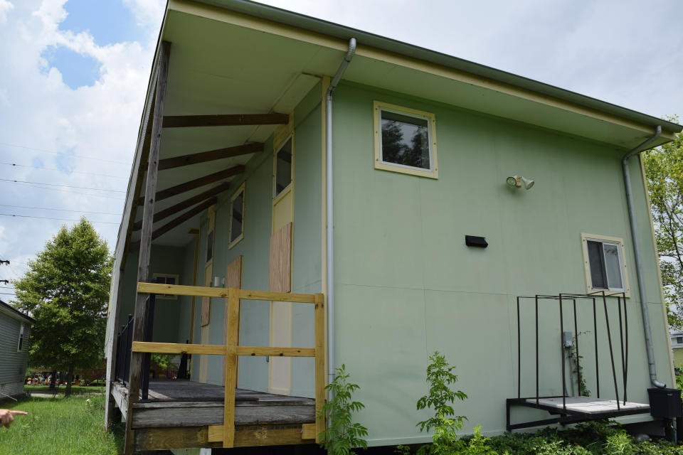 Porches falling apart and boarded walls are becoming a common trend for many Make It Right homes. Source: Australscope Photos