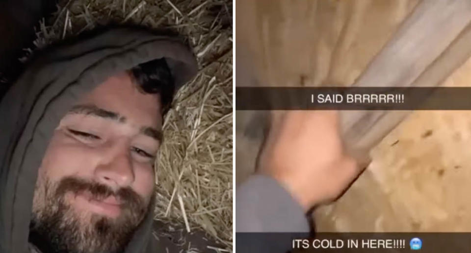 One photo of a man lying on hay in a chicken coop. And another of him trying to get out.