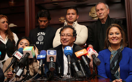 Gustavo Petro, presidential candidate, speaks during a press conference after knowing the results of the legislative elections in Bogota, Colombia March 11, 2018. REUTERS/Felipe Caicedo